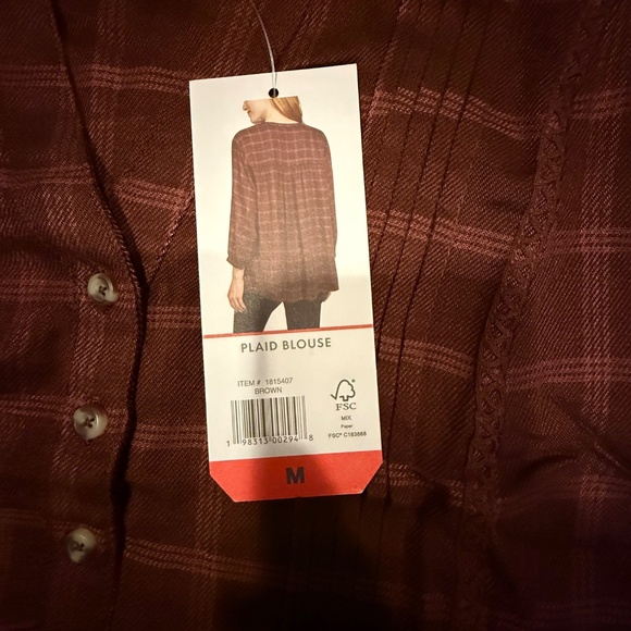 Wrangler Plaid Peasant Blouse Brown Size M NWT - Picture 5 of 13
